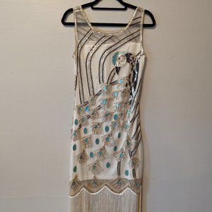NWT Babeyond Cream and Teal Peacock Fringe Sequin Dress Size S